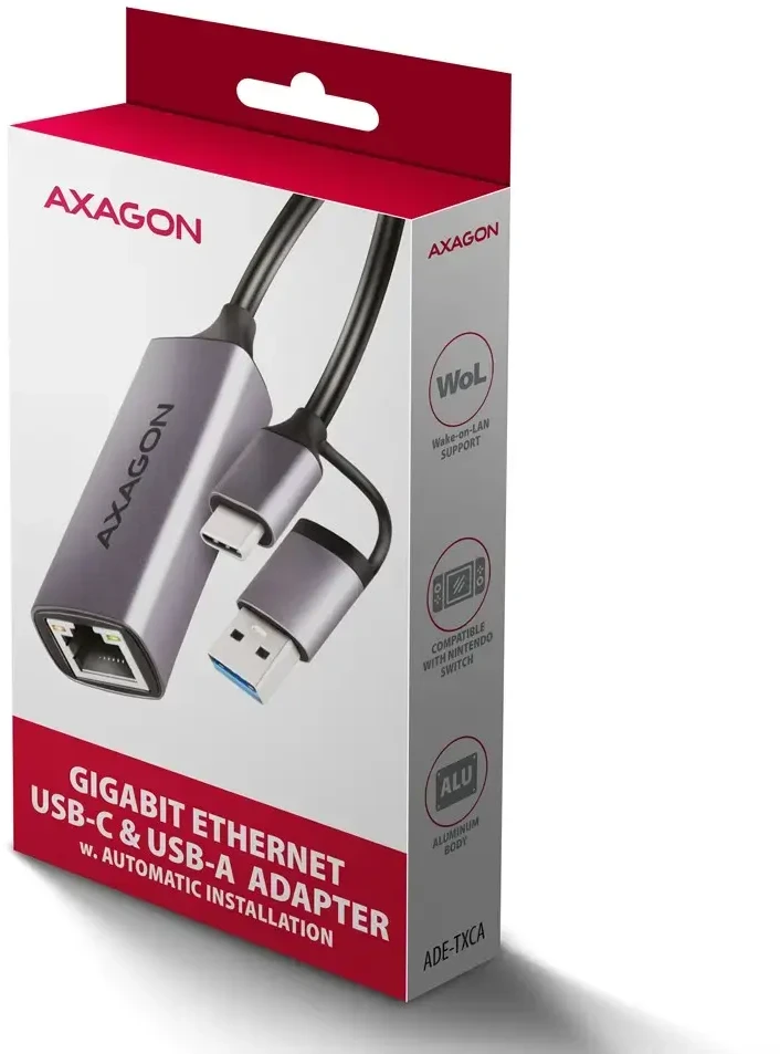 Axagon ADE-TXCA Karta jungiama į tinklą Gigabit Ethernet adapter, USB-C (USB-A redukcja) 3.2 Gen 1, instalacja automatinė