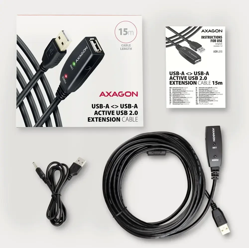 Axagon ADR-215 Aktyvus prailginimas USB 2.0 A-M > A-F laidas, 15 m ilgio. Maitinimo variantas.