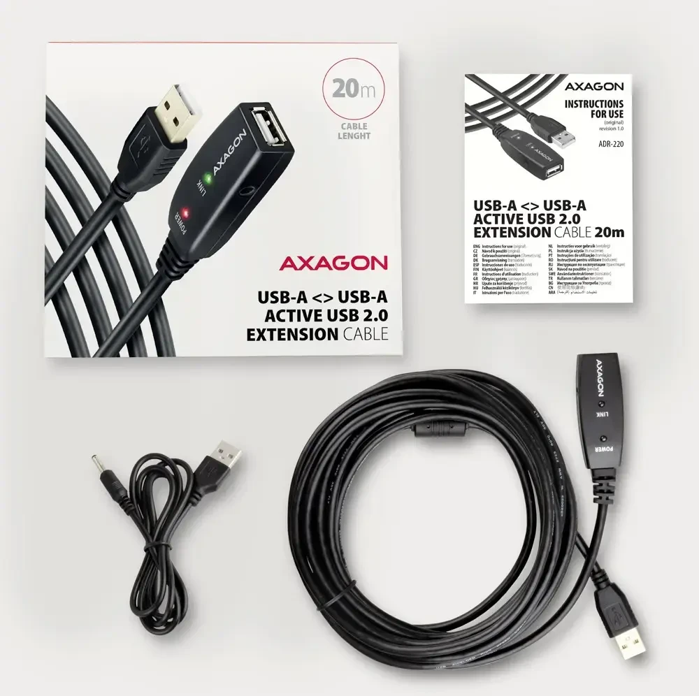 Axagon ADR-220 Aktyvus prailginimas USB 2.0 A-M > A-F laidas, 20 m ilgio. Maitinimo variantas.