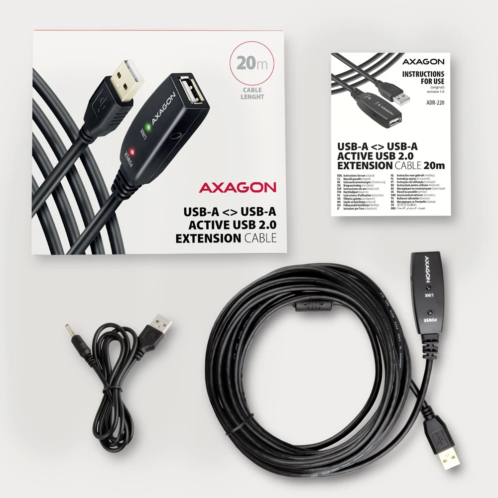 Axagon ADR-220 Aktyvus prailginimas USB 2.0 A-M > A-F laidas, 20 m ilgio. Maitinimo variantas.