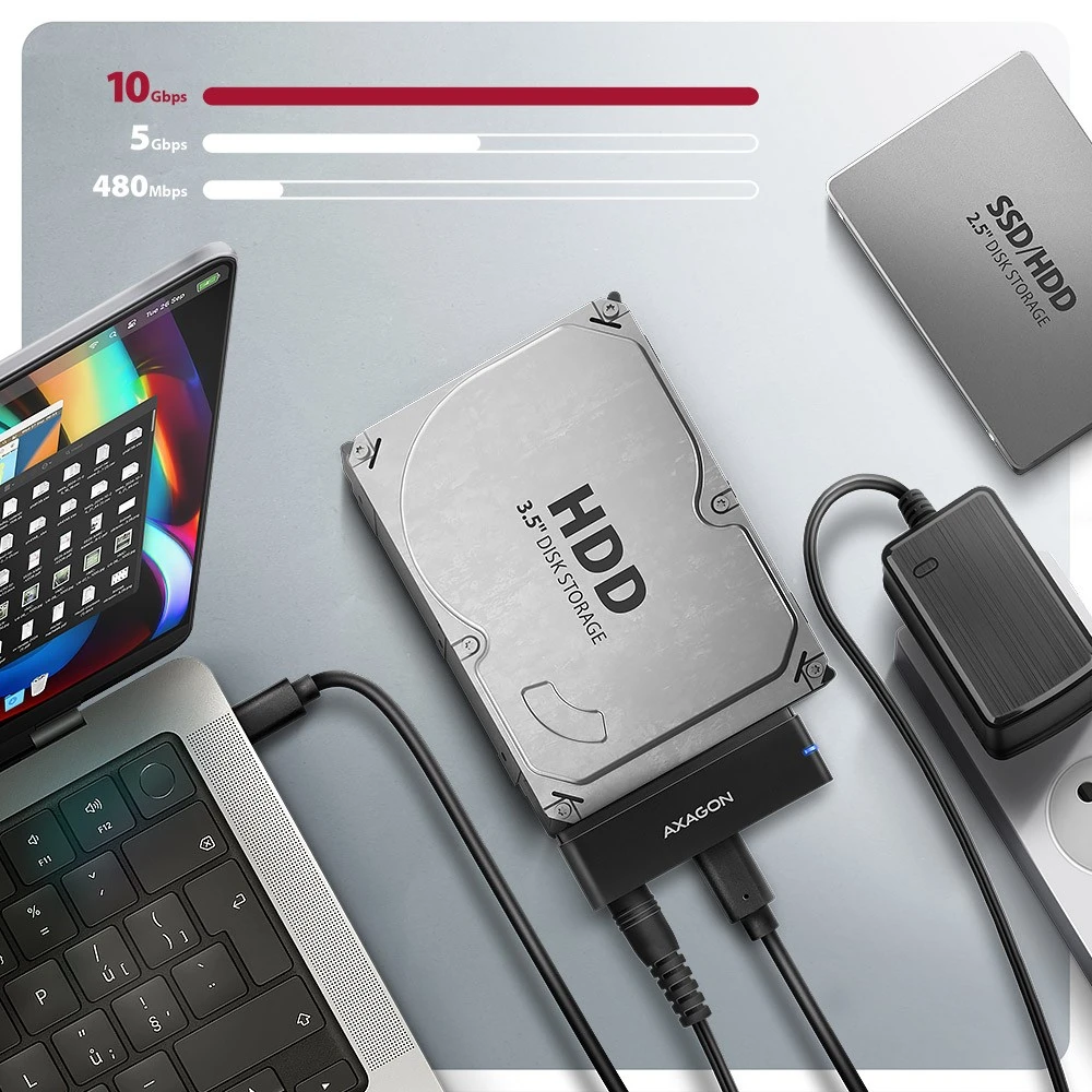 AXAGON ADSA-FPX USB-C 10Gbps - SATA 6G 2.5''/3.5'' SSD/HDD FAST PORT X adapteris su kintamosios srovės adapteriu, USB-C - USB-A adapteris
