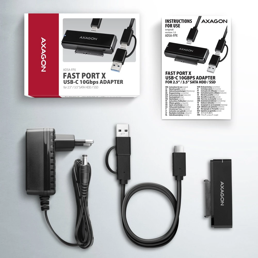 AXAGON ADSA-FPX USB-C 10Gbps - SATA 6G 2.5''/3.5'' SSD/HDD FAST PORT X adapteris su kintamosios srovės adapteriu, USB-C - USB-A adapteris