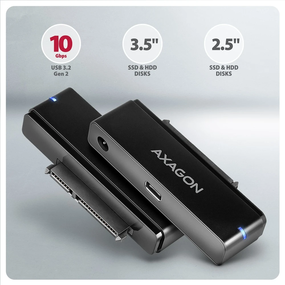 AXAGON ADSA-FPX USB-C 10Gbps - SATA 6G 2.5''/3.5'' SSD/HDD FAST PORT X adapteris su kintamosios srovės adapteriu, USB-C - USB-A adapteris