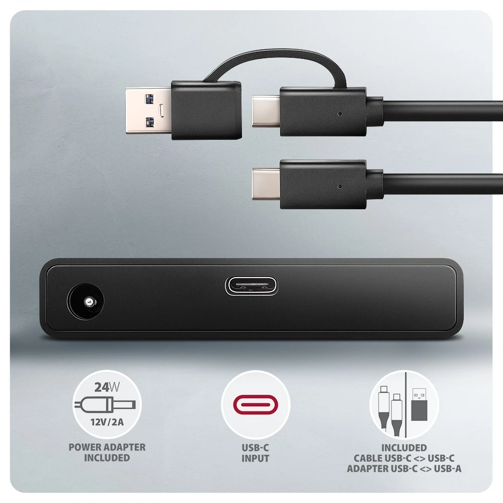 AXAGON ADSA-FPX USB-C 10Gbps - SATA 6G 2.5''/3.5'' SSD/HDD FAST PORT X adapteris su kintamosios srovės adapteriu, USB-C - USB-A adapteris