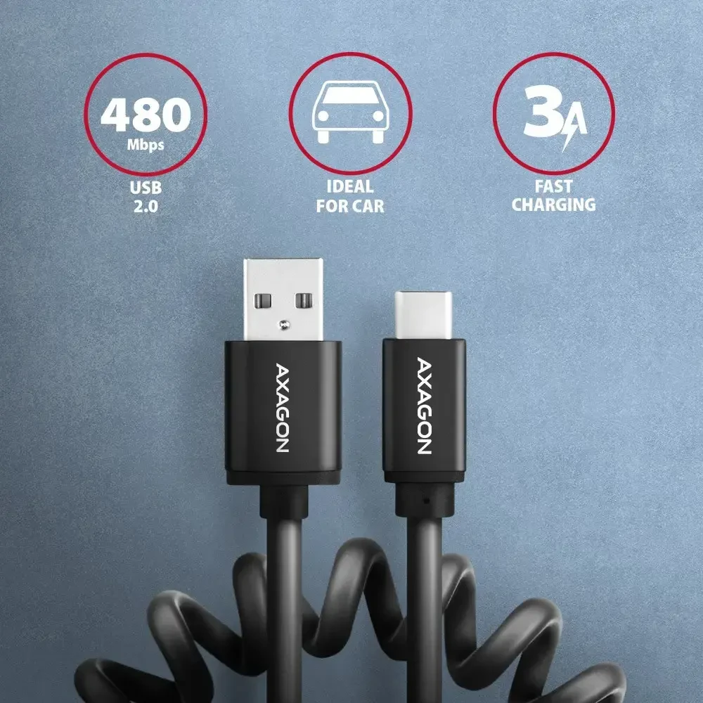 Axagon Data and charging USB 2.0 kabelio ilgis 1.1 m. 3A. Juodas twisted.