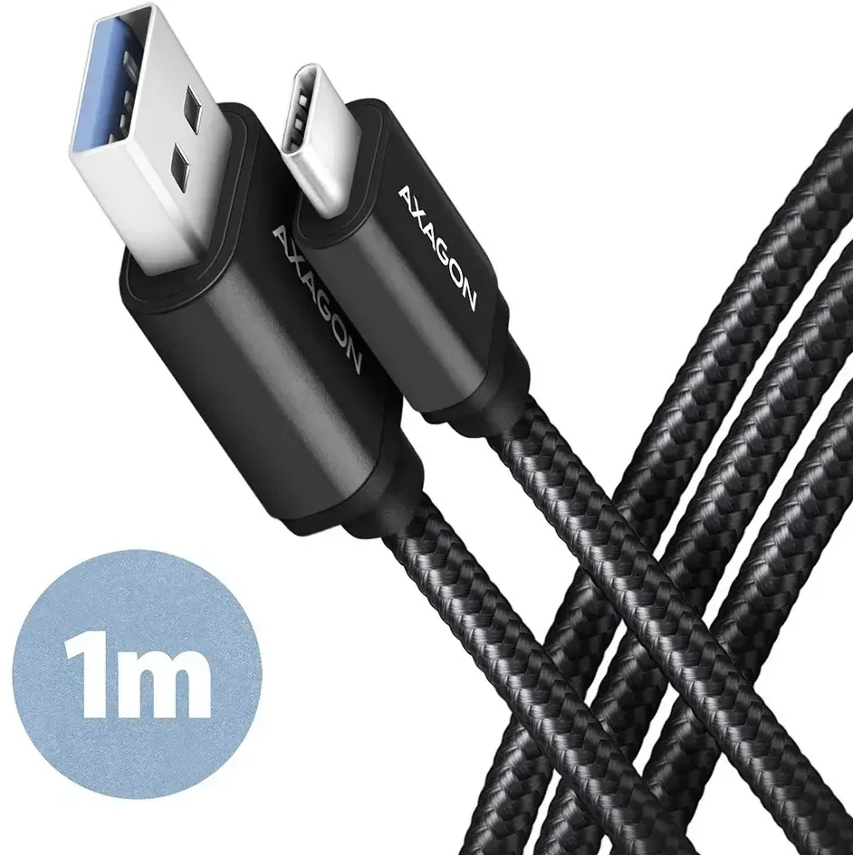 Axagon duomenų ir įkrovimo USB 3.2 Gen 1 kabelis, kurio ilgis 1 m. 3A. Juodas pynė.