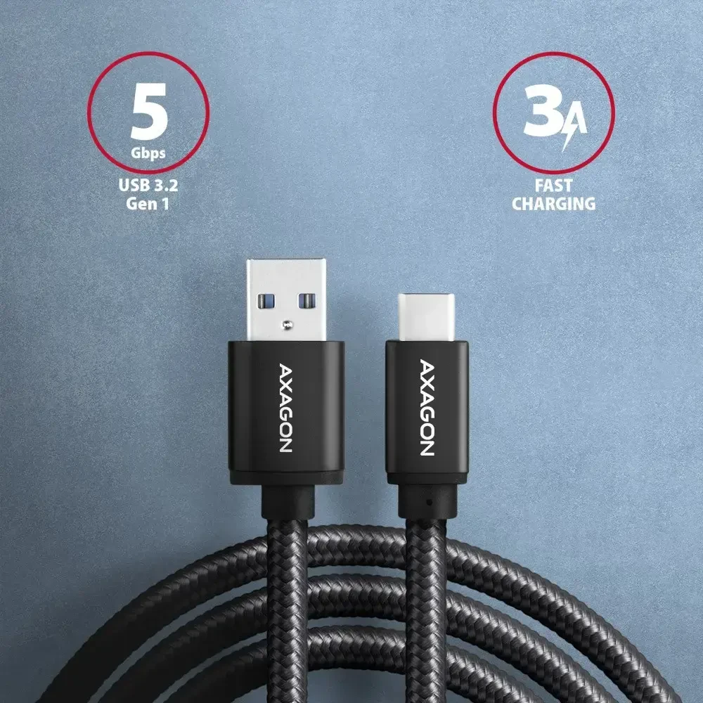 Axagon BUCM3-AM15AB USB-C – USB-A laidas, 1,5 m, USB 3.2 Gen 1 3A, ALU, pintas, juodas