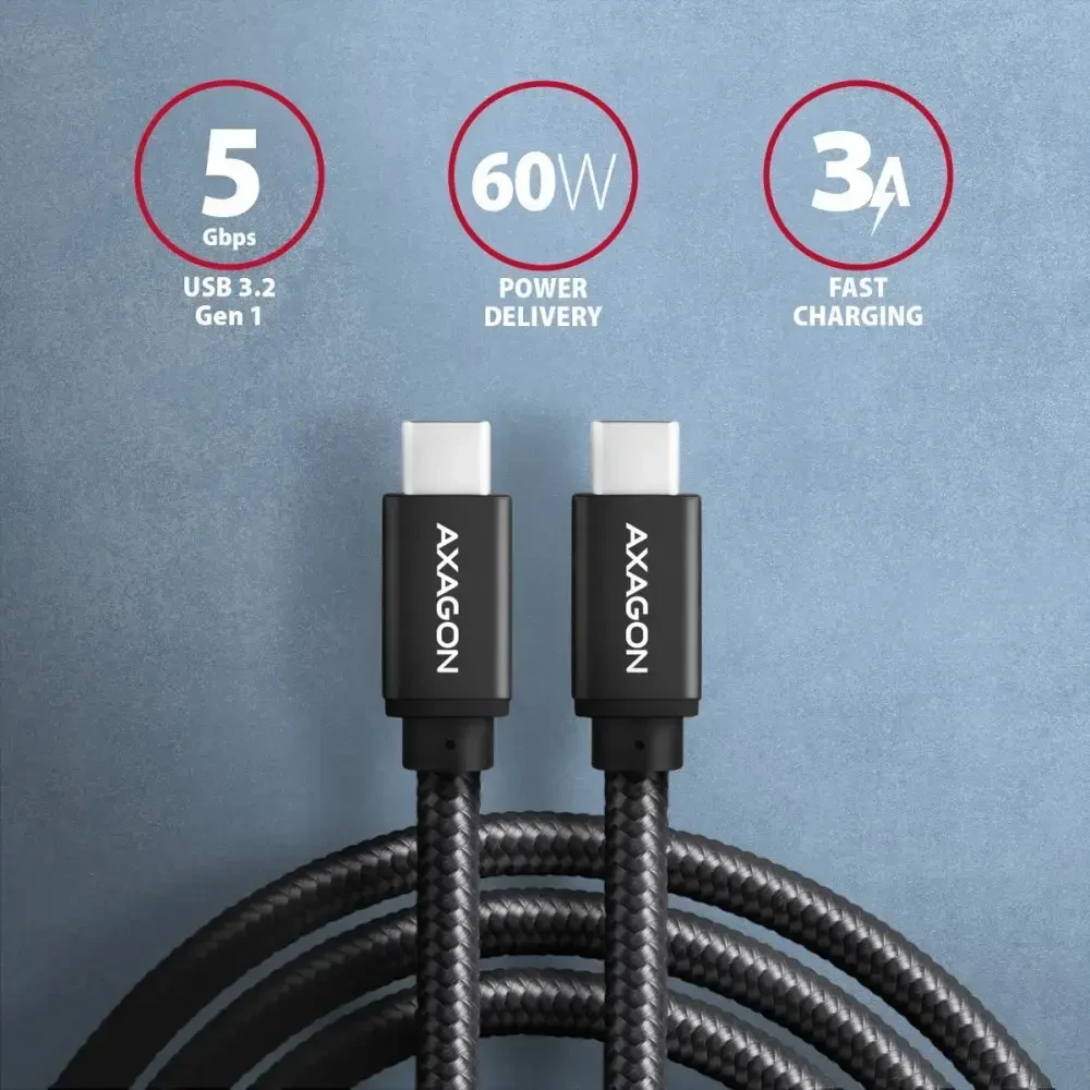 Axagon Data and Charging USB 3.2 Gen 1 kabelio ilgis 1 m. PD 60W, 3A. Juodas pynė.