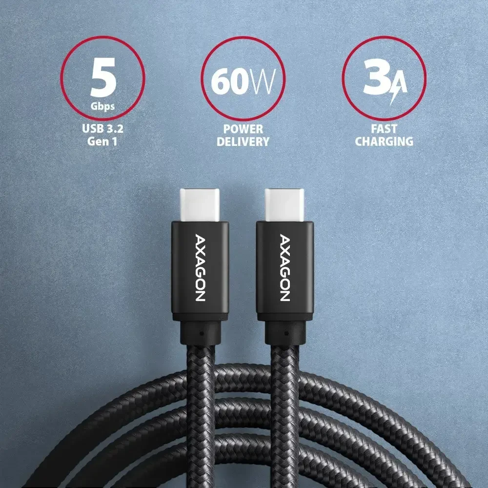 Axagon duomenų ir įkrovimo USB 3.2 Gen1 kabelis, kurio ilgis 3 m. PD 60W, 3A. Juodas pynė.