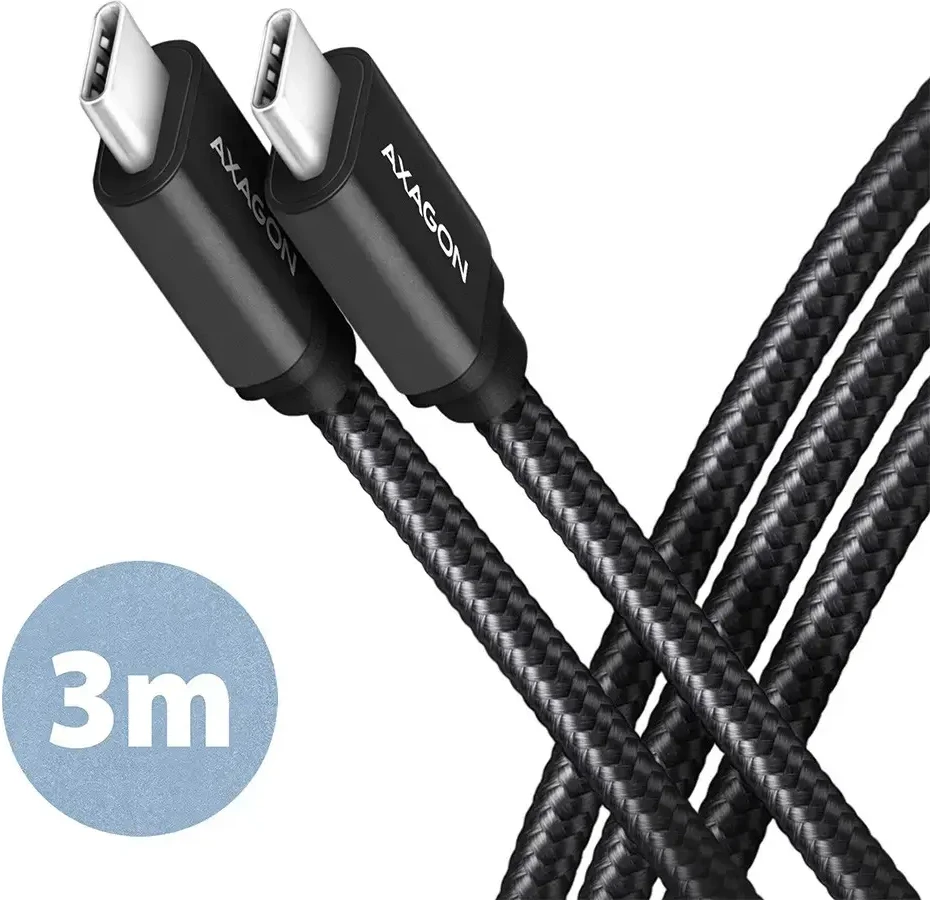 Axagon duomenų ir įkrovimo USB 3.2 Gen1 kabelis, kurio ilgis 3 m. PD 60W, 3A. Juodas pynė.