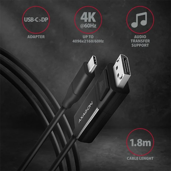 AXAGON Aktyvus kabelis | USB-C prie DisplayPort | 1,8 m