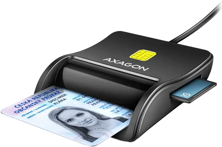 Axagon Compact stalinis USB kontaktas Smart/ID ir SD/Micro SD/SIM kortelių skaitytuvas su ilgu USB-A laidu.