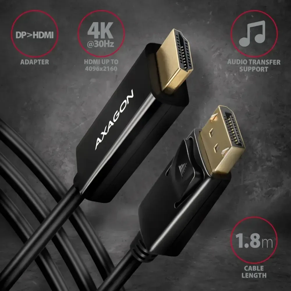 Axagon DisplayPort > HDMI 1.4 kabelis 1,8 m 4K 30Hz, RVD-HI14C2
