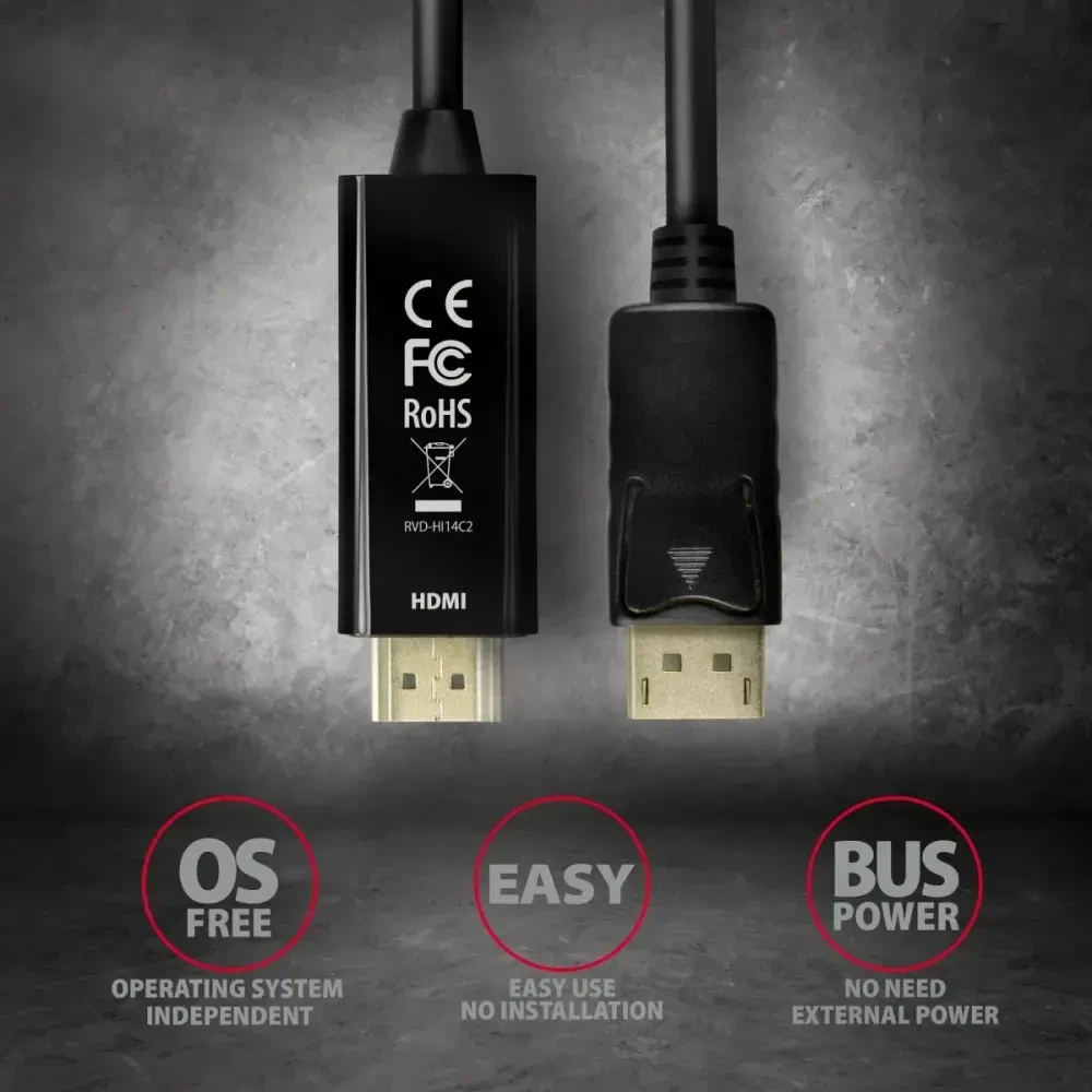 Axagon DisplayPort > HDMI 1.4 kabelis 1,8 m 4K 30Hz, RVD-HI14C2