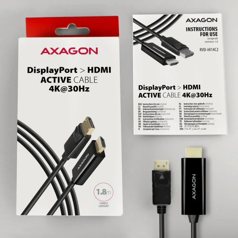 Axagon DisplayPort > HDMI 1.4 kabelis 1,8 m 4K 30Hz, RVD-HI14C2
