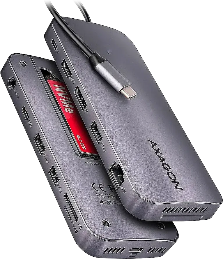 AXAGON kelių prievadų USB-C 10Gbps šakotuvas. NVMe/SATA M.2, HDMI ir DisplayPort. USB-C laidas 50 cm.