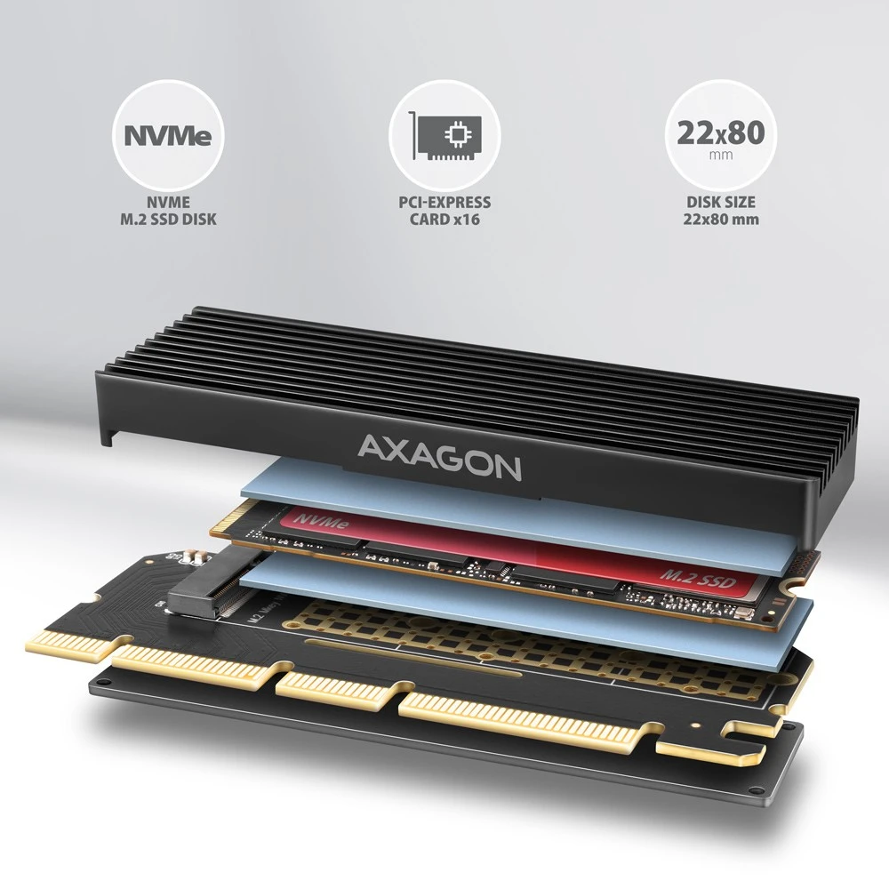 AXAGON PCI-Express x16 adapteris su aušintuvu, skirtas NVMe M.2 SSD diskui prijungti prie kompiuterio | PCEM2-XS