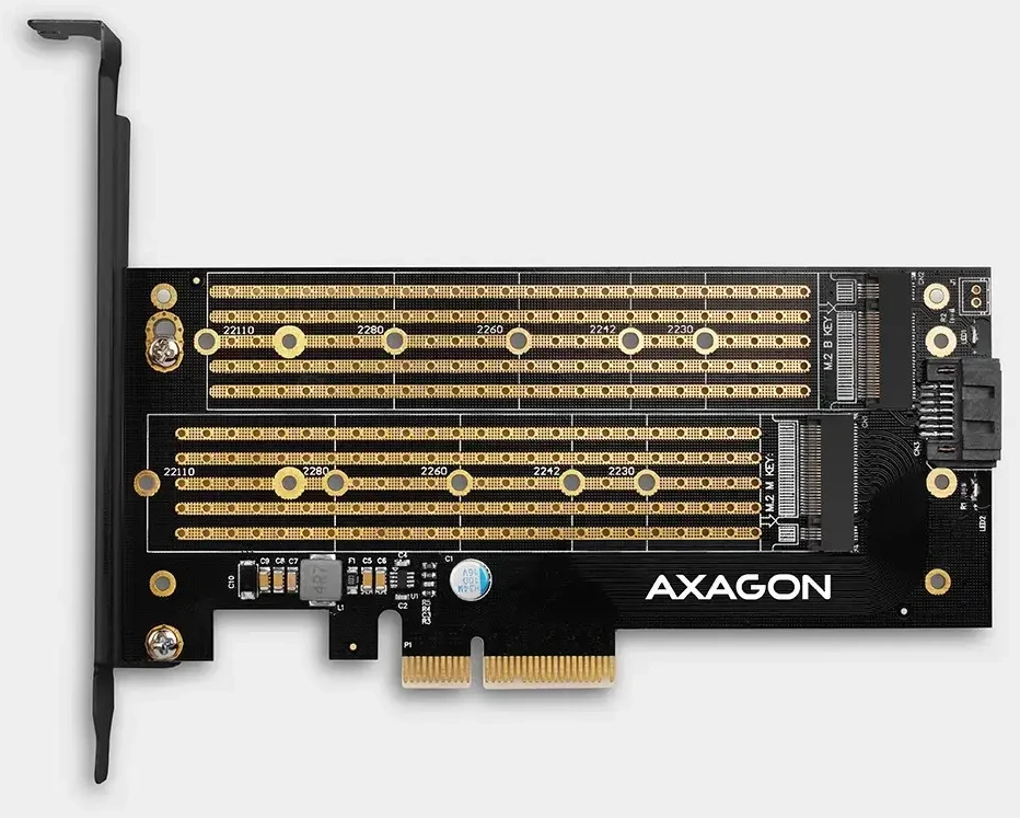 AXAGON PCEM2-D PCI-E 3.0 4x - DUAL M.2 SSD (NVMe + SATA), dual voltage, iki 110mm SSD