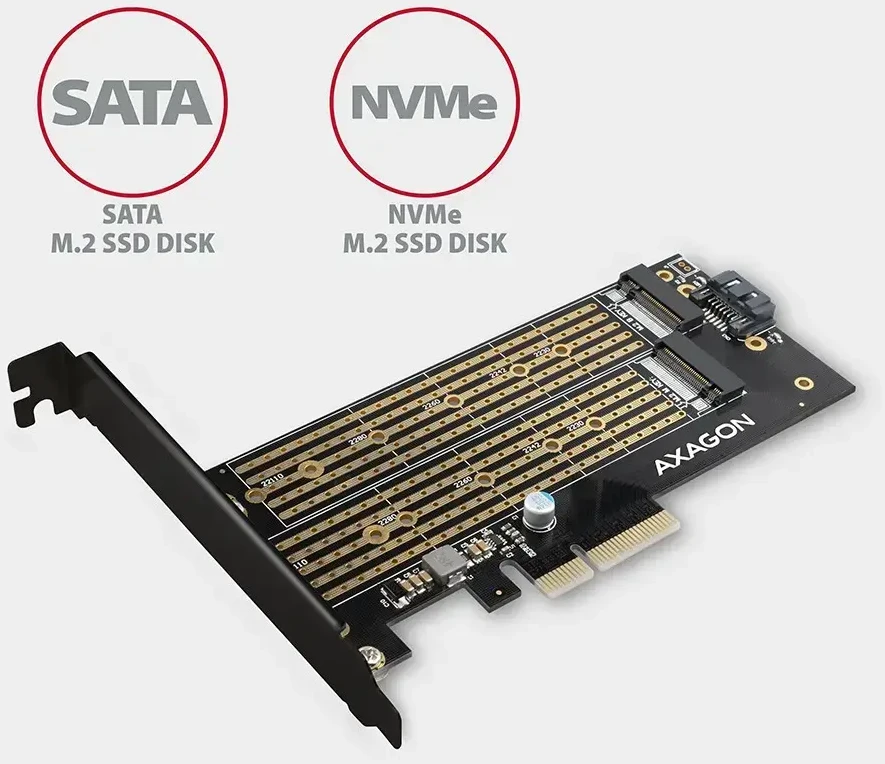 AXAGON PCEM2-D PCI-E 3.0 4x - DUAL M.2 SSD (NVMe + SATA), dual voltage, iki 110mm SSD