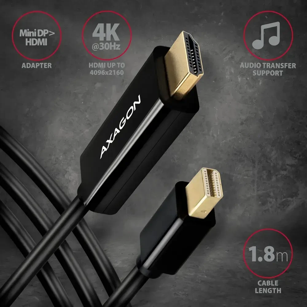 AXAGON RVDM-HI14C2 Mini DisplayPort į HDMI adapterio kabelis, 4K/30 Hz, 180 cm ilgio, juodas