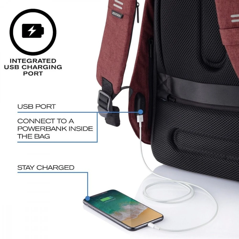 Kuprinė su apsauga nuo vagių XD Design Bobby Hero Regular, Raudonos spalvos