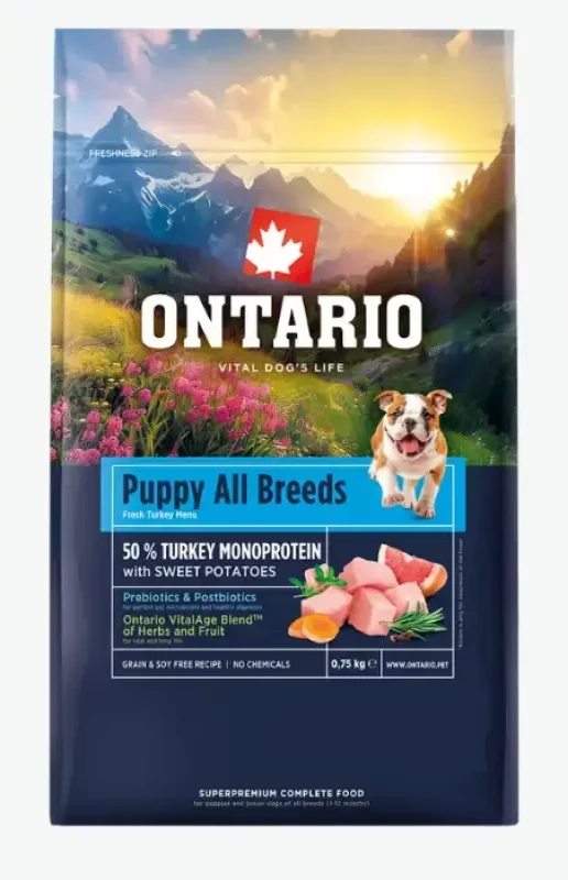 Ontario Puppy & Junior All Breeds Monoprotein kalakutiena & Sweet bulvės 0.75kg
