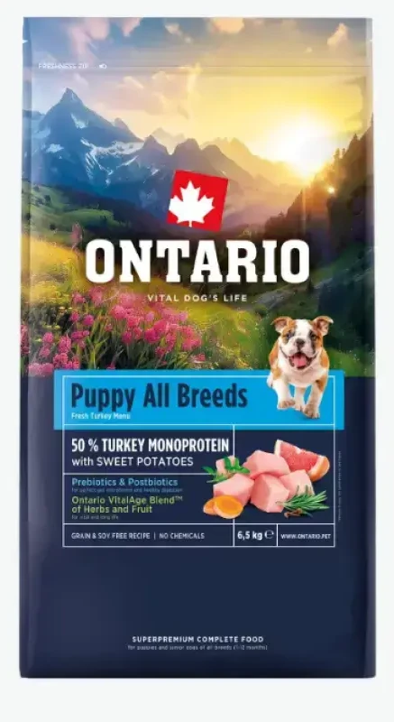 Ontario Puppy & Junior All Breeds Monoprotein kalakutiena & Sweet bulvės 6.5kg