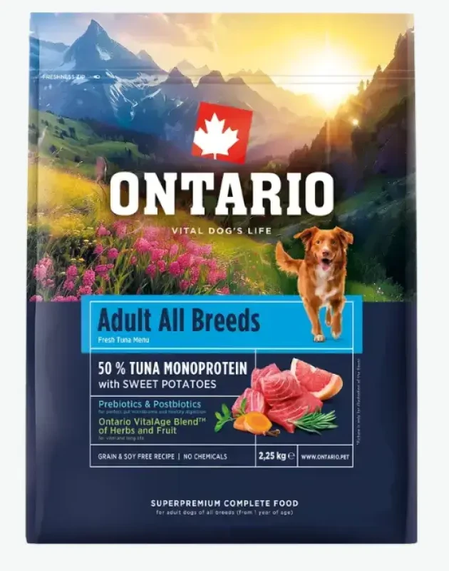 Ontario Adult All Breeds Monoprotein Tunas ir Saldžiosios bulvės 2,25 kg