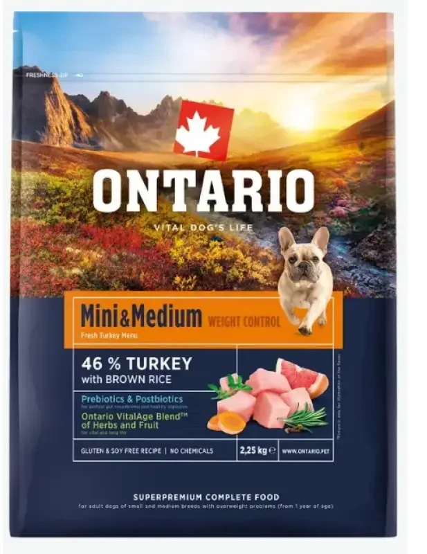 Ontario Mini & Medium Weight Control kalakutiena & Brown ryžiai 2,25kg