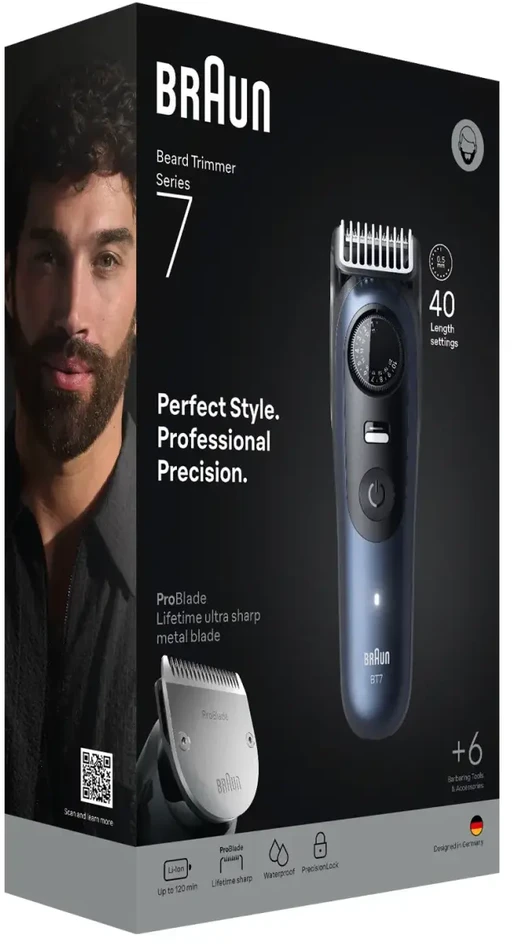 Braun BeardTrimmer 7 BT7520 Baterija 40 2 cm „Wet & Dry“ Juoda, Mėlyna