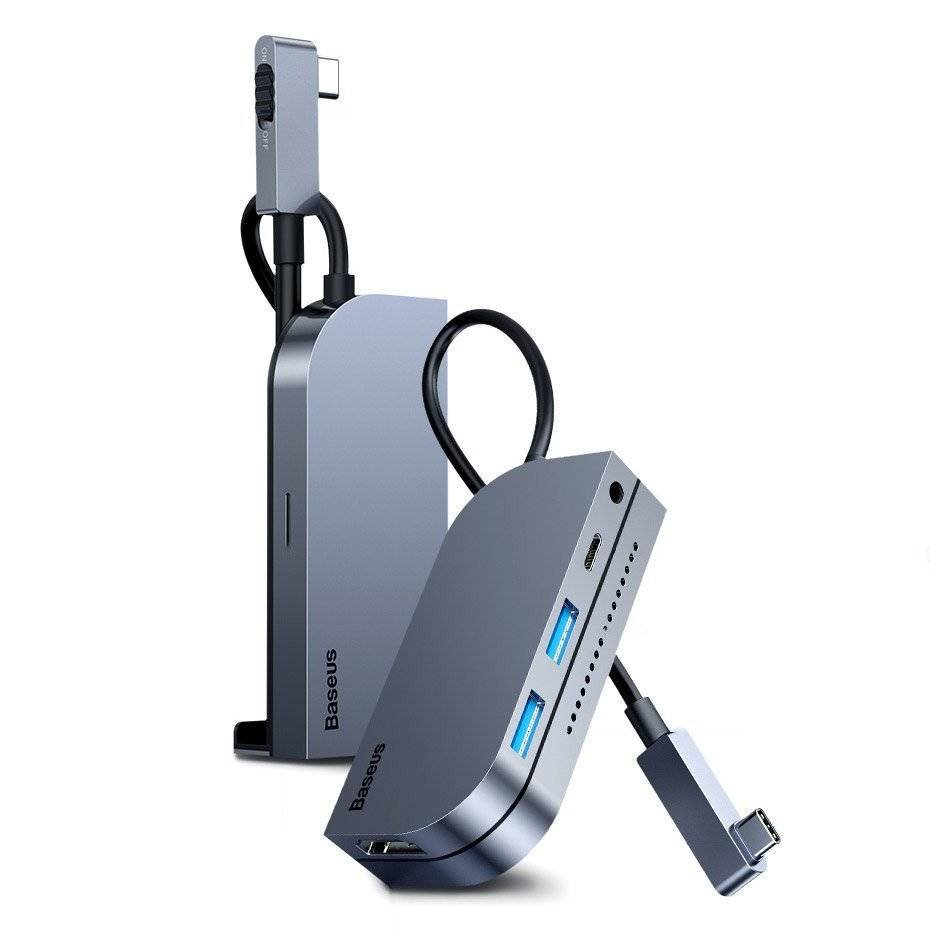 Baseus HUB Bend Angle No.7 Multifunctional (Type-C to 2xUSB3.0 + HDMI 4K + PD 100W + 3.5mm + TF) Upgraded version Space Gray (CAHUB-CWJ0G)
