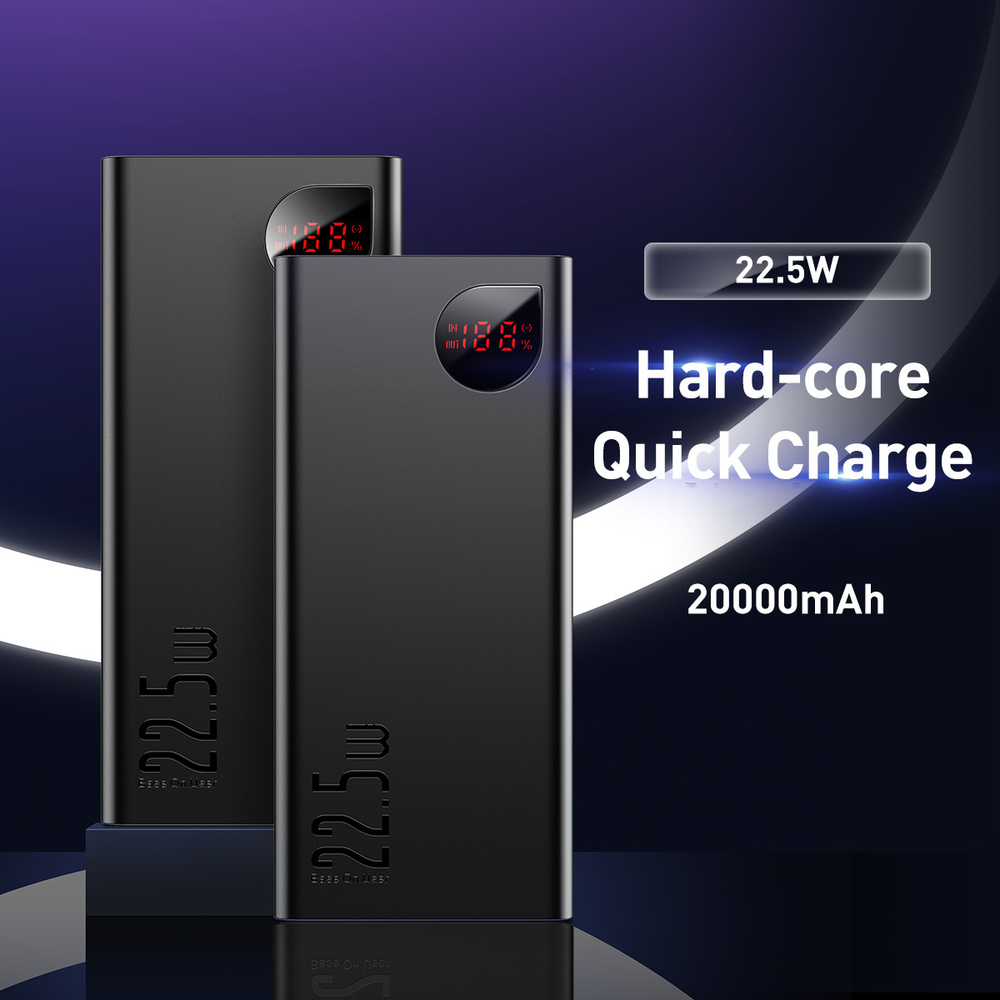 LiPo išorinis akumuliatorius (Powerbank) 20000mAh 22.5W su PD3.0 QC3.0 2xUSB + USB C ADAMAN juodas BASEUS