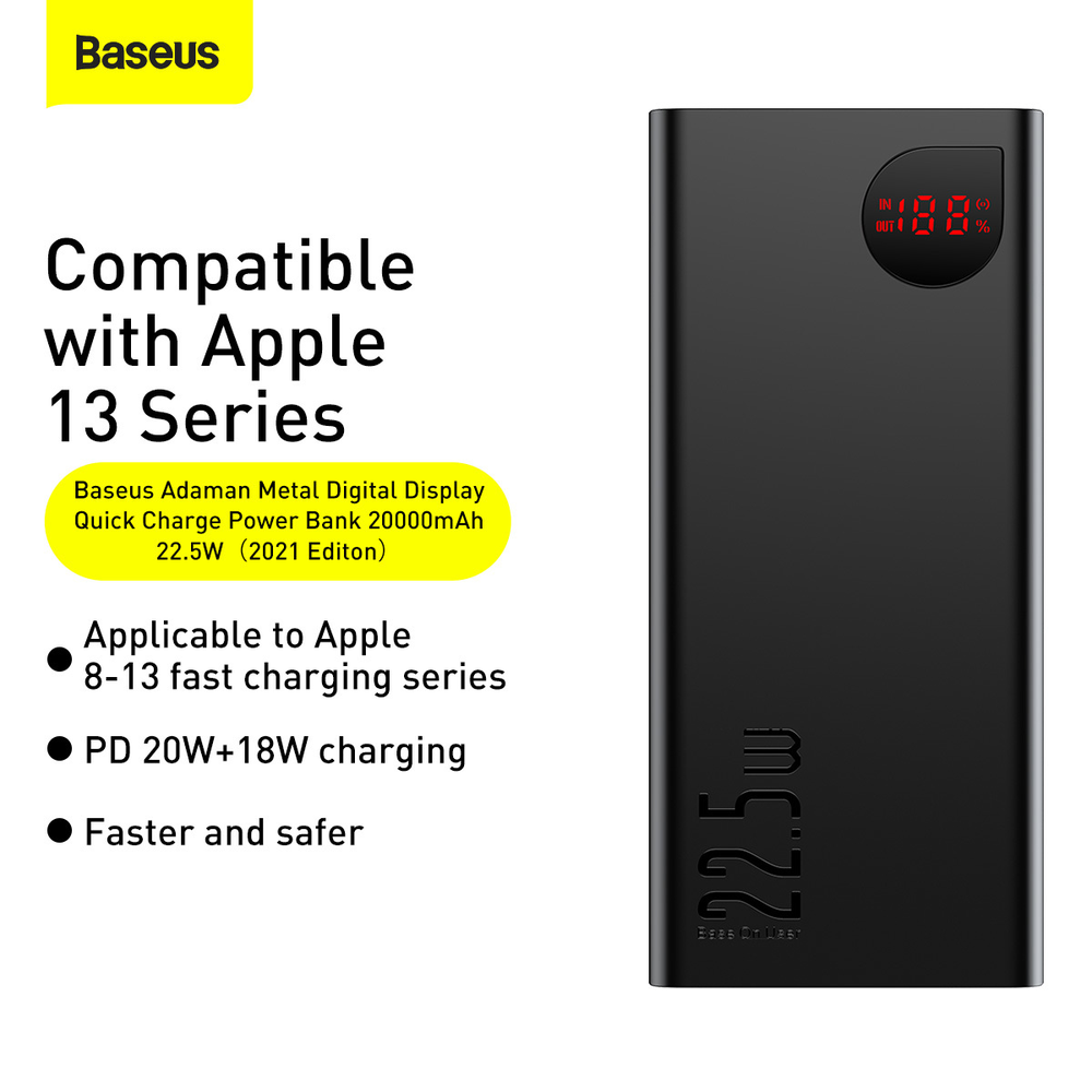 LiPo išorinis akumuliatorius (Powerbank) 20000mAh 22.5W su PD3.0 QC3.0 2xUSB + USB C ADAMAN juodas BASEUS