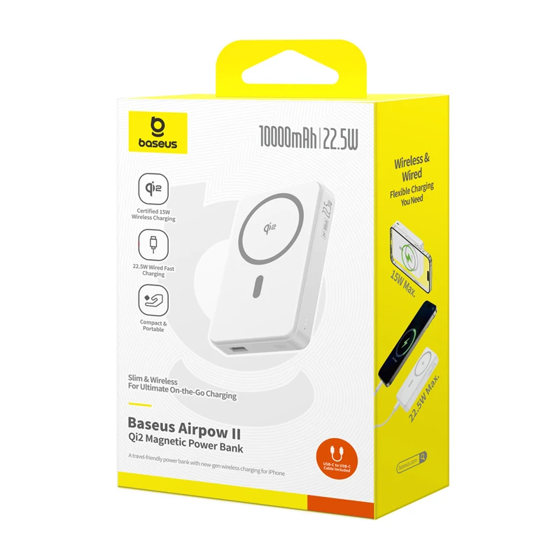 Baseus Airpow II Qi2 USB USB-C 22.5W 10000mAh balta