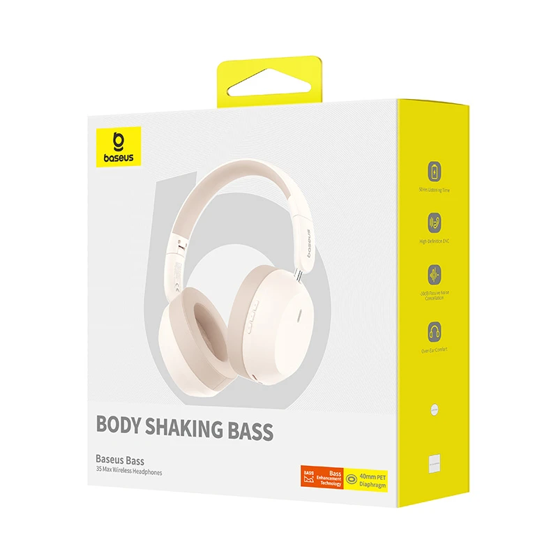 Baseus Belaidės Bluetooth 5.3 ausinės Bass 35 Max su mikrofonu, baltos