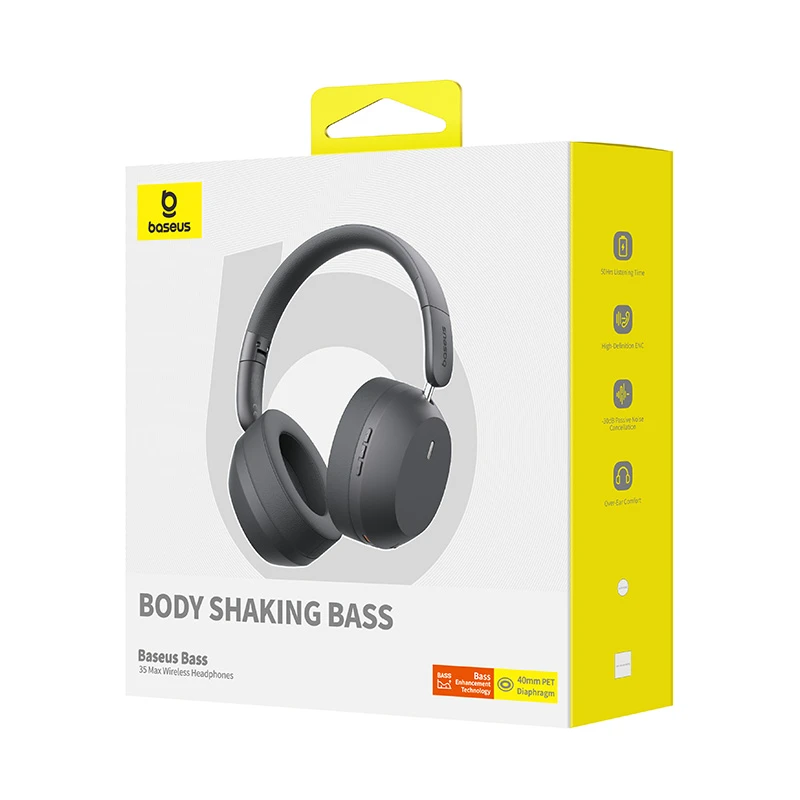Baseus Belaidės Bluetooth 5.3 ausinės Bass 35 Max su mikrofonu, pilkos