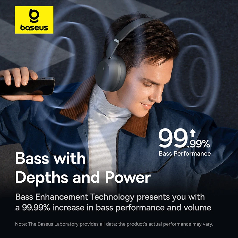 Baseus Belaidės Bluetooth 5.3 ausinės Bass 35 Max su mikrofonu, pilkos