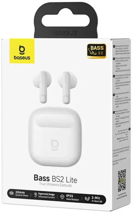 Baseus Belaidės Bluetooth 6.0 ausinės Bass BS2 Lite su įkrovimo dėklu, baltos
