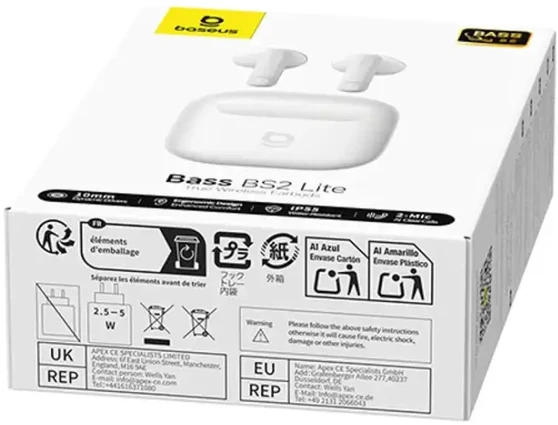 Baseus Belaidės Bluetooth 6.0 ausinės Bass BS2 Lite su įkrovimo dėklu, baltos