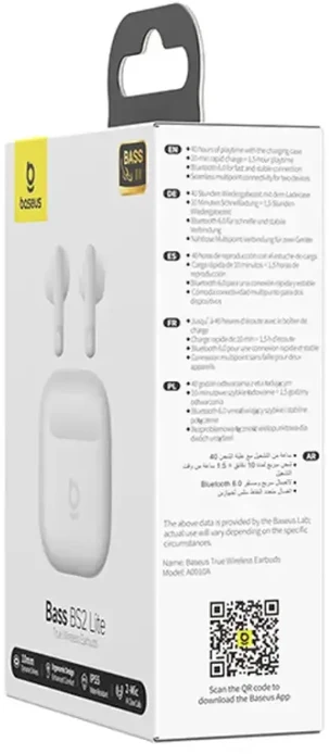 Baseus Belaidės Bluetooth 6.0 ausinės Bass BS2 Lite su įkrovimo dėklu, baltos