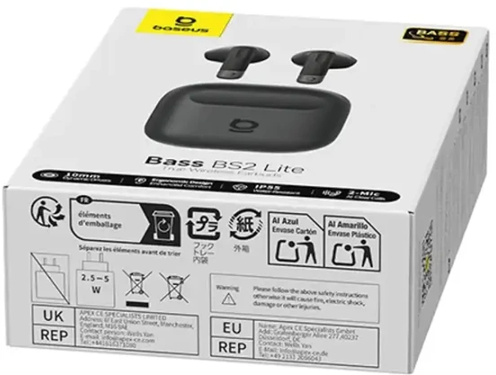 Baseus Belaidės Bluetooth 6.0 ausinės Bass BS2 Lite su įkrovimo dėklu, juodos