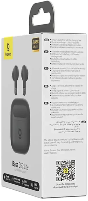 Baseus Belaidės Bluetooth 6.0 ausinės Bass BS2 Lite su įkrovimo dėklu, juodos