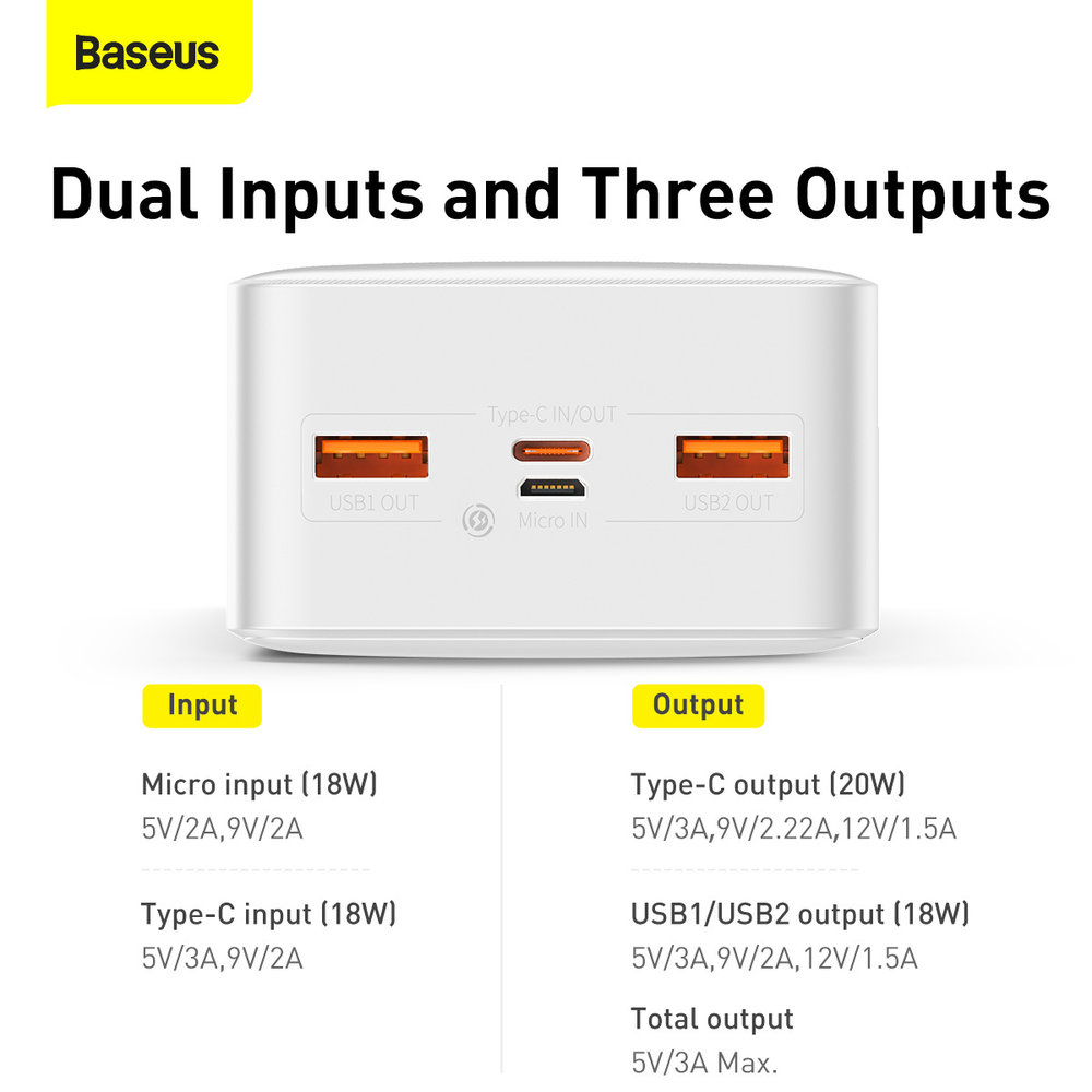 Baseus Bipow Fast Charge Power Bank PD+QC 30000mAh 20W baltas (Baltas)