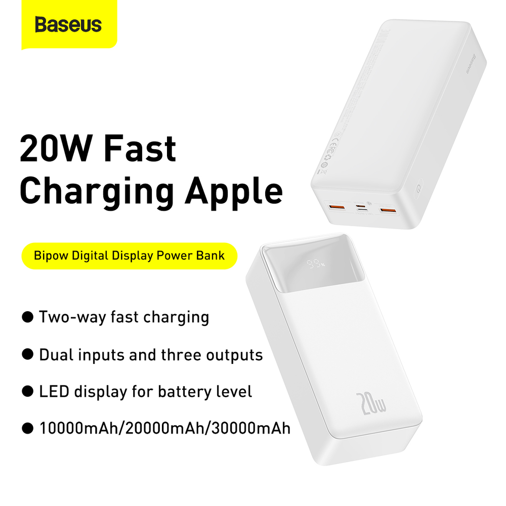 Baseus Bipow Fast Charge Power Bank PD+QC 30000mAh 20W baltas (Baltas)