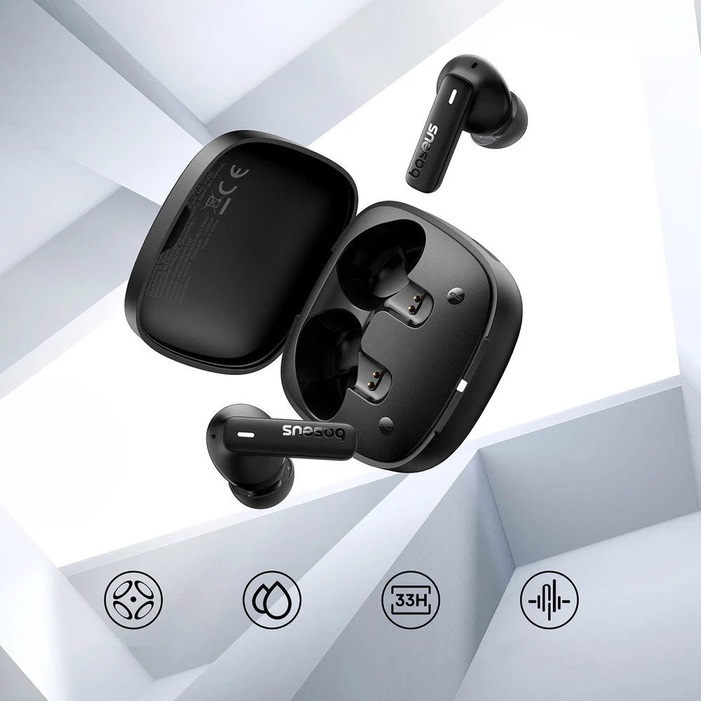 Baseus Belaidės Bluetooth 5.3 ausinės Bowie E19 su įkrovimo dėklu, juodos