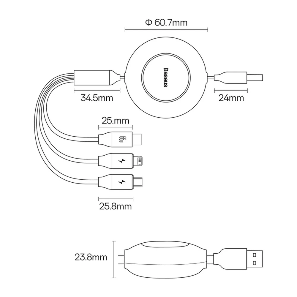 Baseus Bright Mirror 3 USB 3-in-1 kabelis skirtas micro USB USB-C Lightning 66W 2A 1.1m – Violetinė