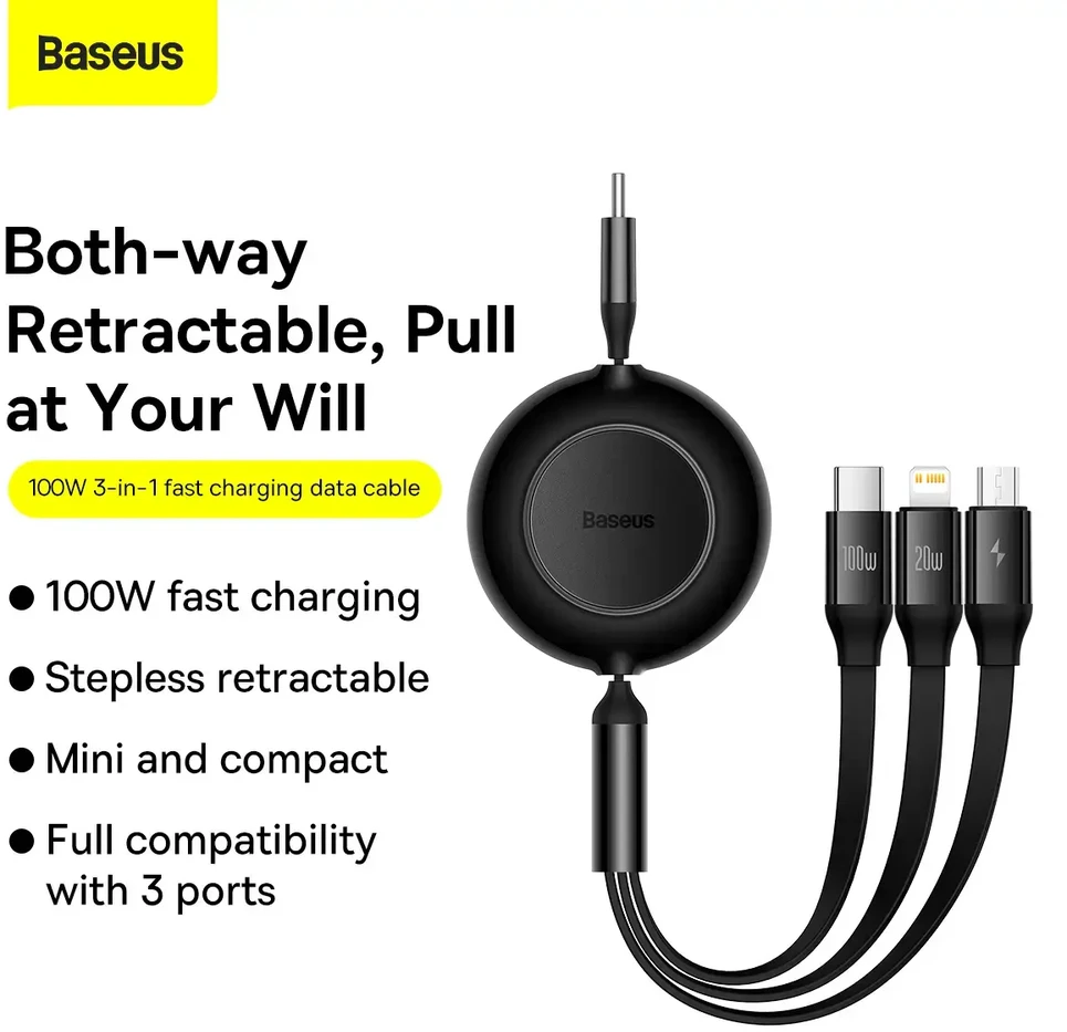 USB laidas Baseus Bright Mirror 2 Type-C į MicroUSB/Type-C/Lightning 3.5A 1.1m juodas CAMJ010201