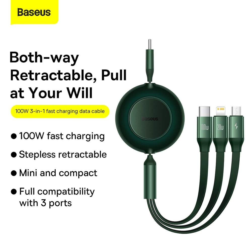 Baseus Bright Mirror 4 USB-C 3-in-1 kabelis skirtas micro USB - USB-C - Lightning 100W 3.5A 1.1m – Žalias