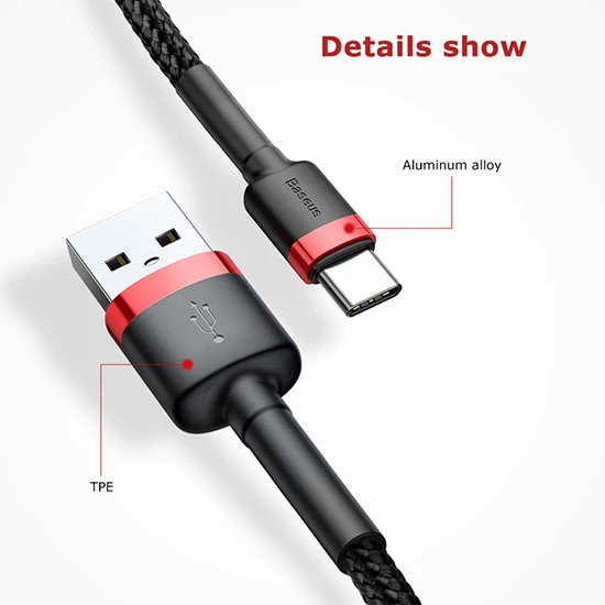 Baseus Cafule USB-C kabelius 2A 3m - Juodas / Raudonas