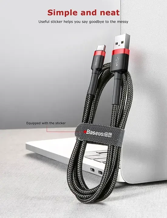 Kabelis Baseus USB2.0 A kištukas - USB C kištukas 1 m, QC3.0 su nailoniniu šarvu , raudonas/juodas